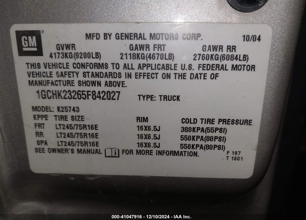 2005 CHEVROLET SILVERADO 2500HD LS VIN: 1GCHK23265F842027