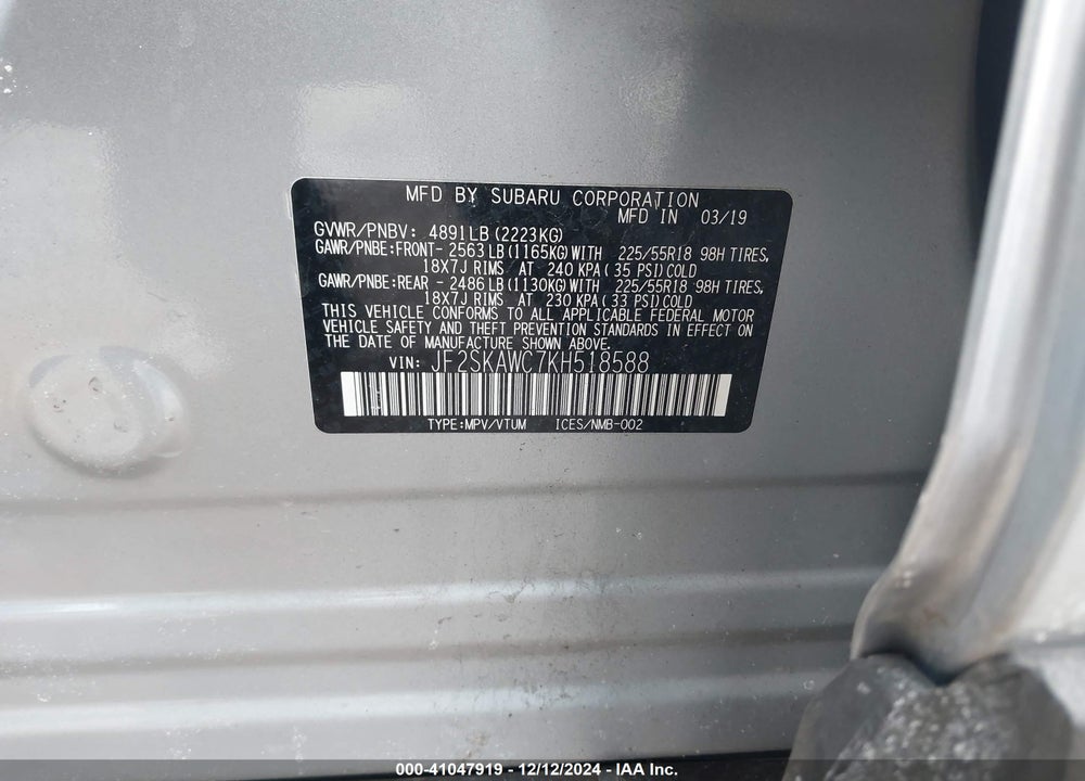 2019 SUBARU FORESTER TOURING VIN: JF2SKAWC7KH518588