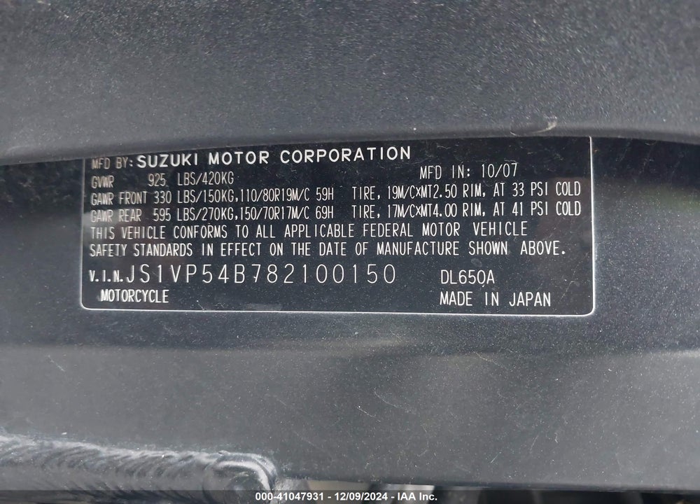 2008 SUZUKI DL650 A VIN: JS1VP54B782100150