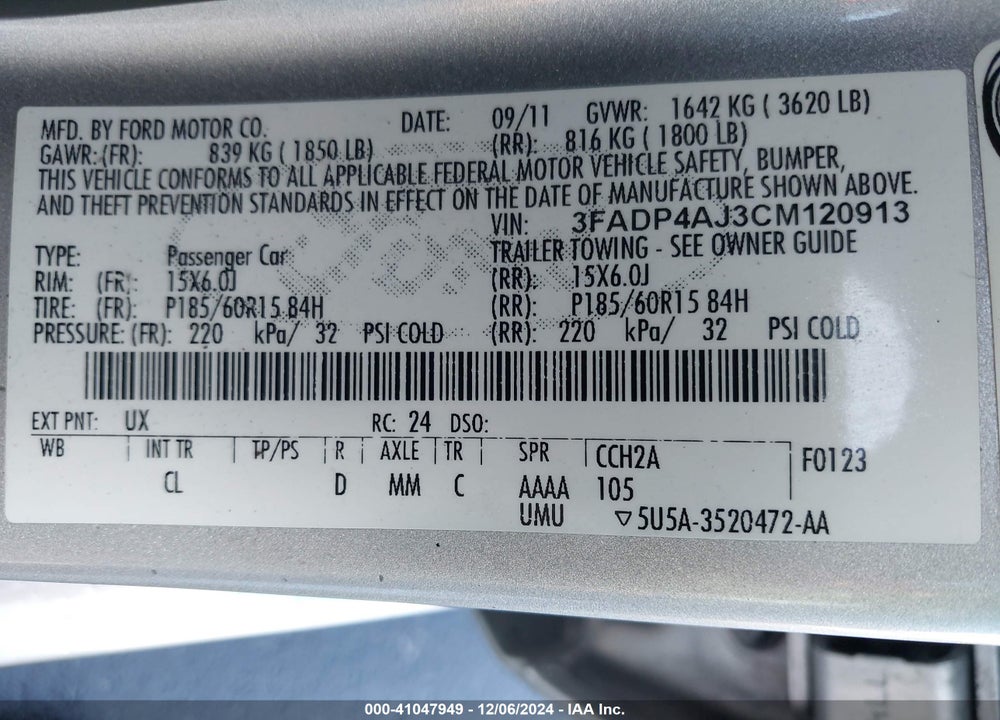 2012 FORD FIESTA S VIN: 3FADP4AJ3CM120913