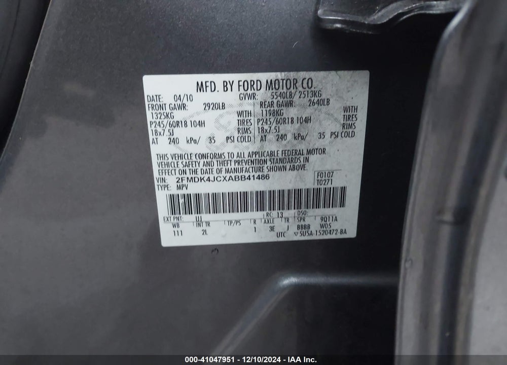 2010 FORD EDGE SEL VIN: 2FMDK4JCXABB41486