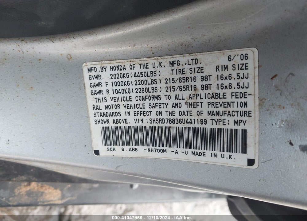 2006 HONDA CR-V EX VIN: SHSRD78836U441199