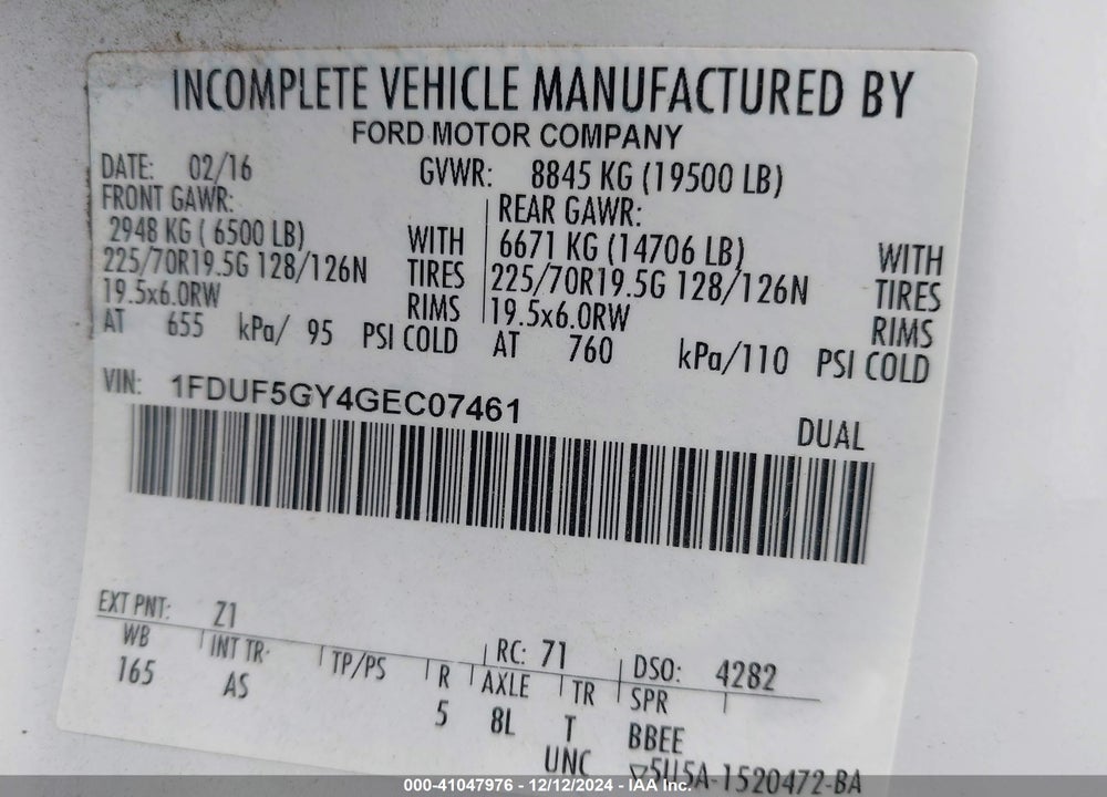 2016 FORD F-550 CHASSIS XL VIN: 1FDUF5GY4GEC07461