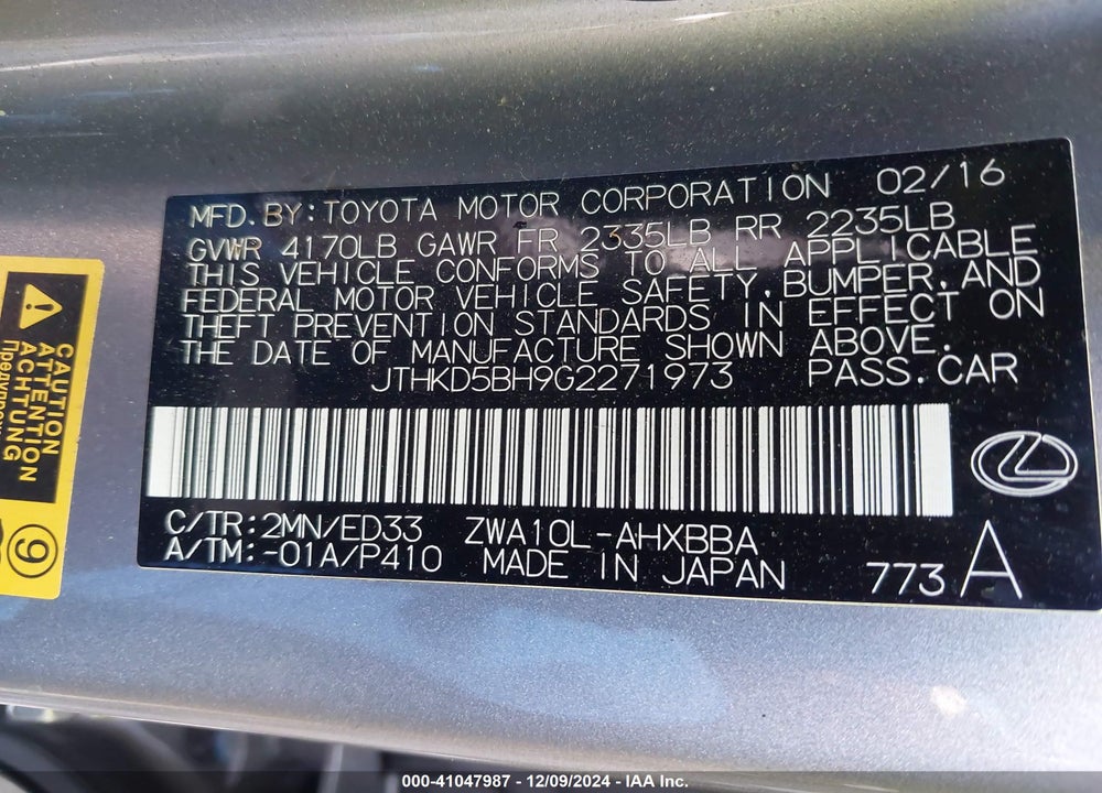 2016 LEXUS CT 200 VIN: JTHKD5BH9G2271973