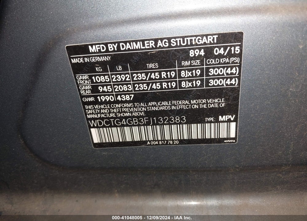 2015 MERCEDES-BENZ GLA 250 4MATIC VIN: WDCTG4GB3FJ132383