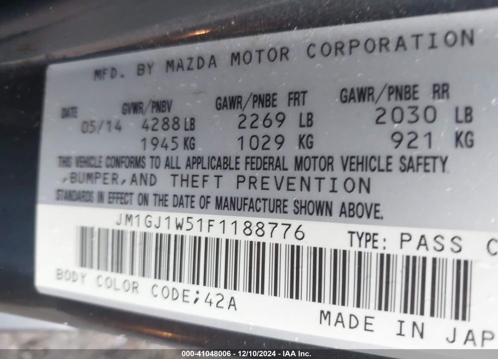2015 MAZDA MAZDA6 VIN: JM1GJ1W51F1188776