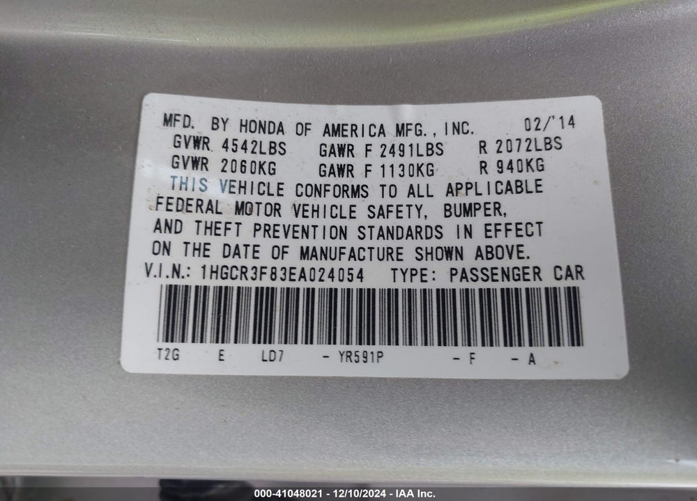 2014 HONDA ACCORD VIN: 1HGCR3F83EA024054