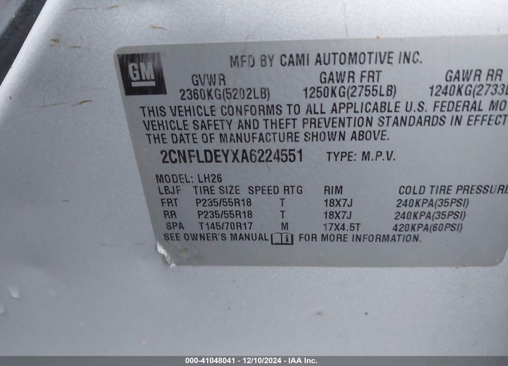 2010 CHEVROLET EQUINOX LT VIN: 2CNFLDEYXA6224551