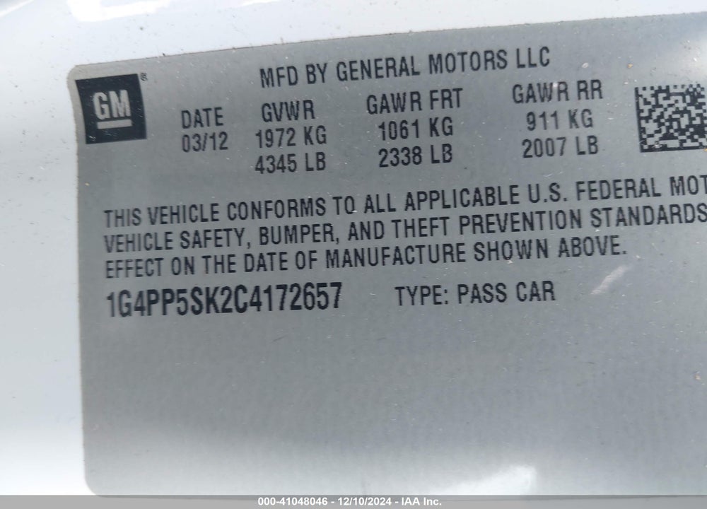 2012 BUICK VERANO VIN: 1G4PP5SK2C4172657