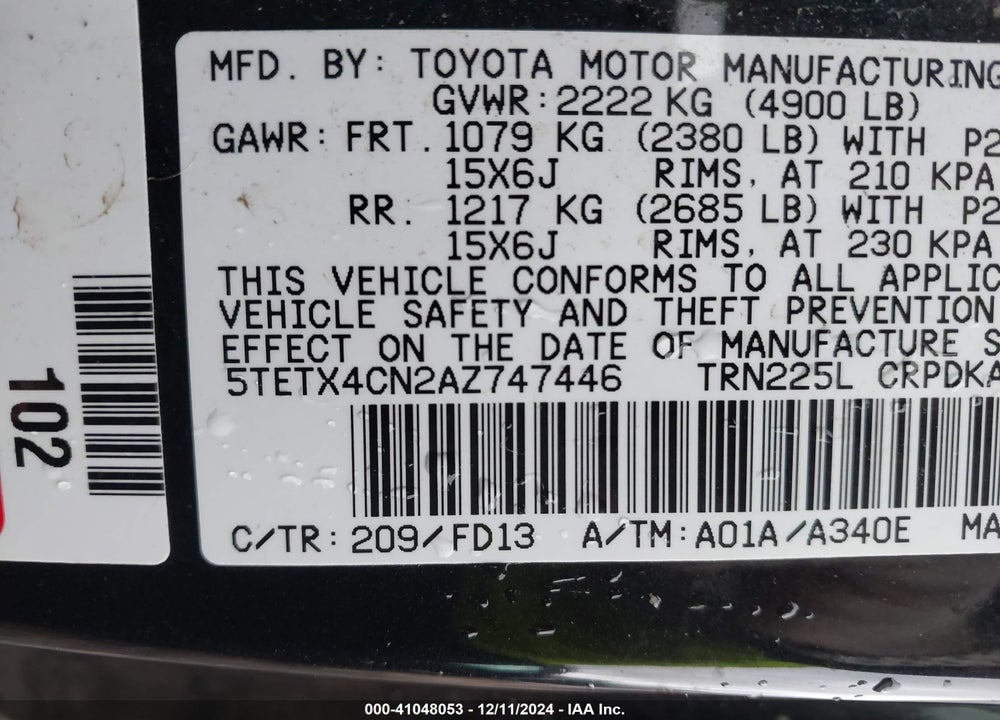 2010 TOYOTA TACOMA VIN: 5TETX4CN2AZ747446