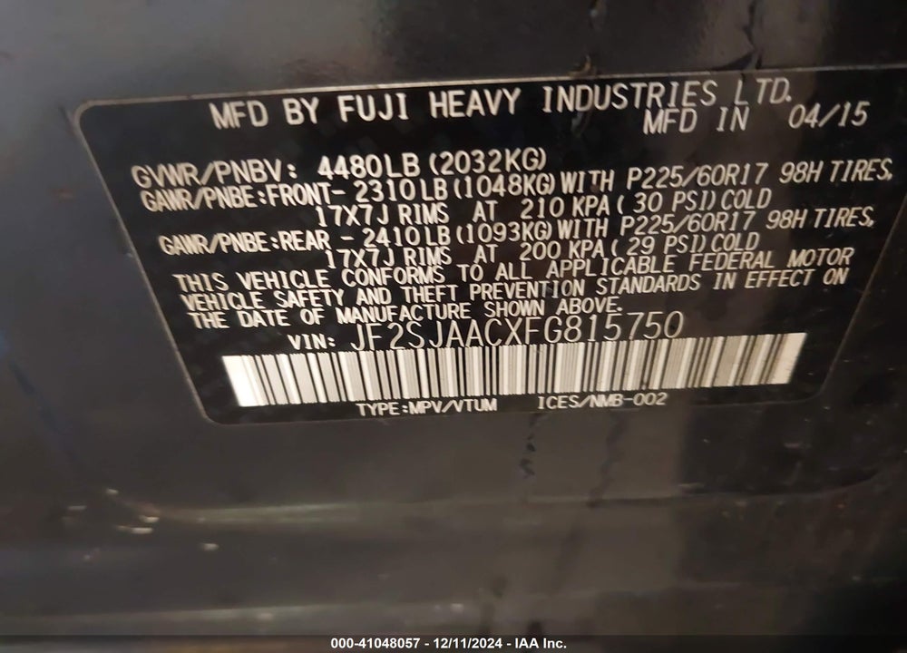 2015 SUBARU FORESTER 2.5I VIN: JF2SJAACXFG815750