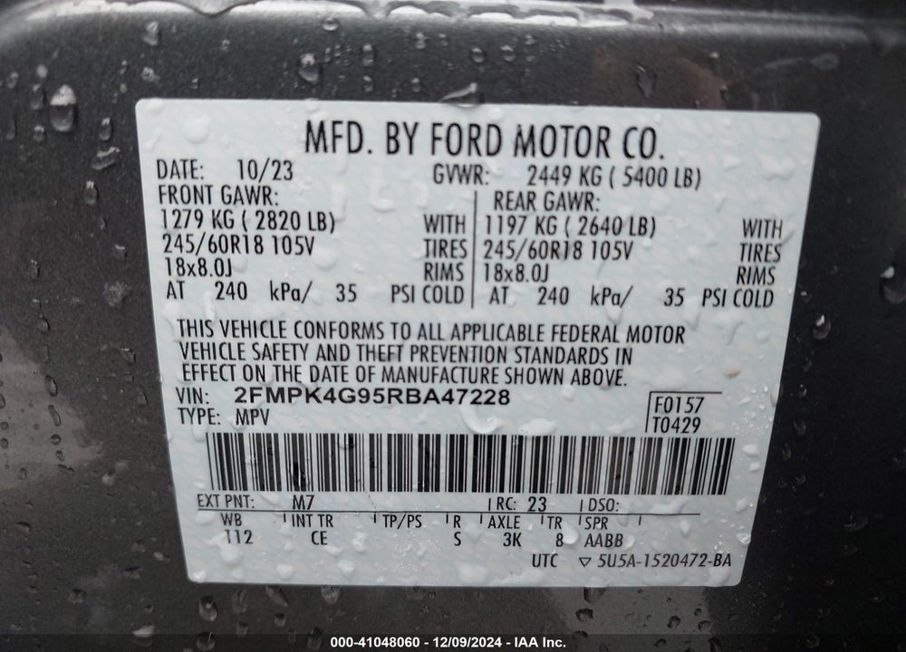 2024 FORD EDGE SE VIN: 2FMPK4G95RBA47228