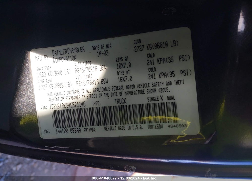 2004 DODGE DAKOTA VIN: 1D7HG12K54S571146