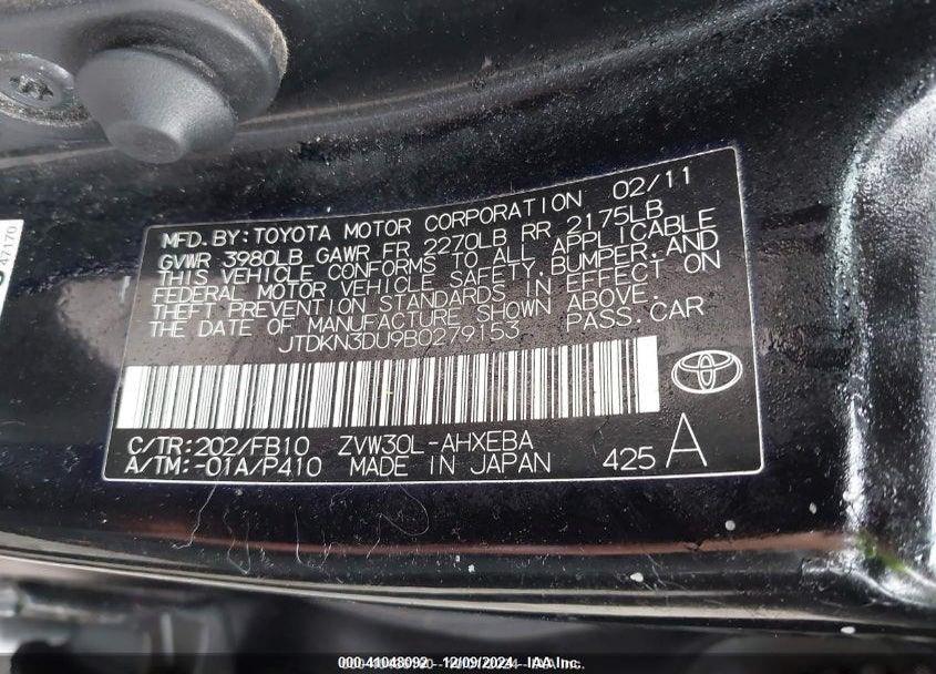 2011 TOYOTA PRIUS TWO VIN: JTDKN3DU9B0279153
