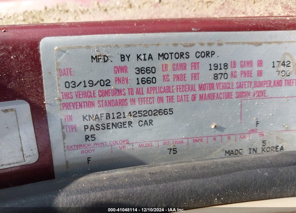 2002 KIA SPECTRA LS VIN: KNAFB121425202665