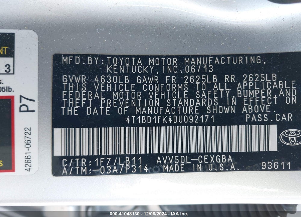2013 TOYOTA CAMRY HYBRID VIN: 4T1BD1FK4DU092171