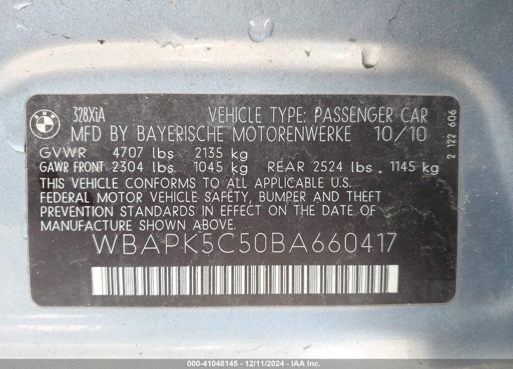 2011 BMW 328I XDRIVE VIN: WBAPK5C50BA660417