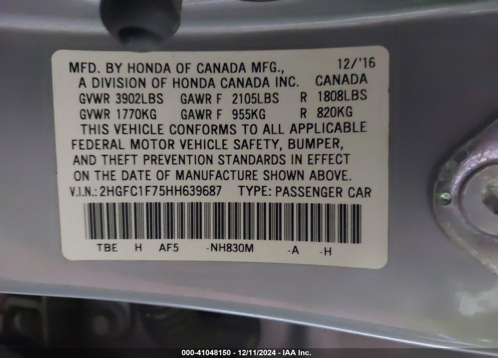 2017 HONDA CIVIC EX-L VIN: 2HGFC1F75HH639687