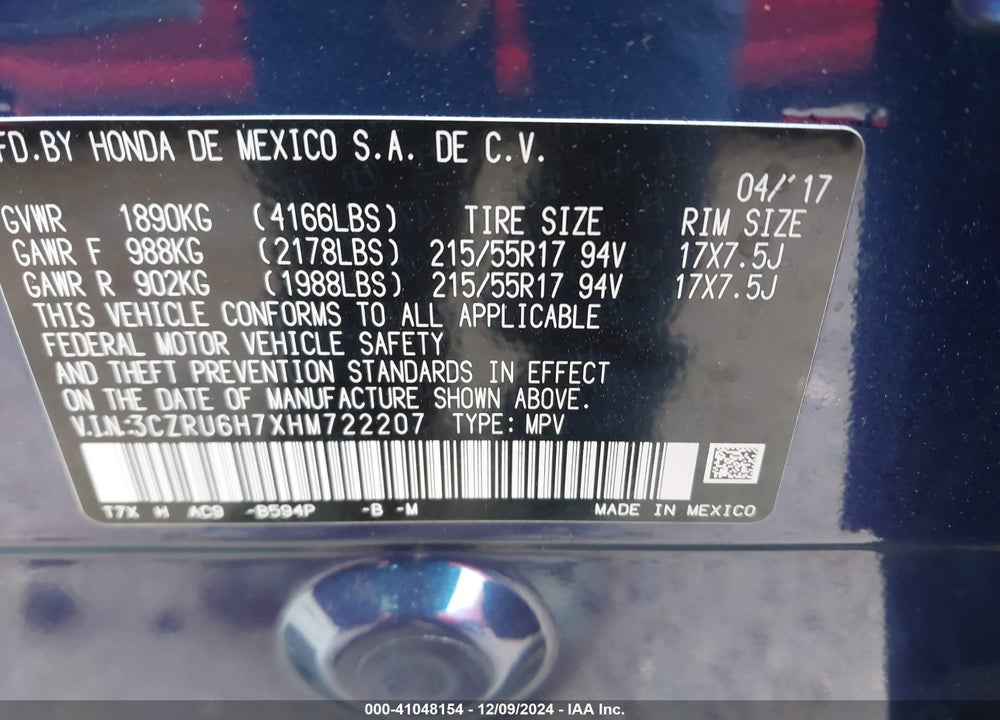 2017 HONDA HR-V EX-L VIN: 3CZRU6H7XHM722207