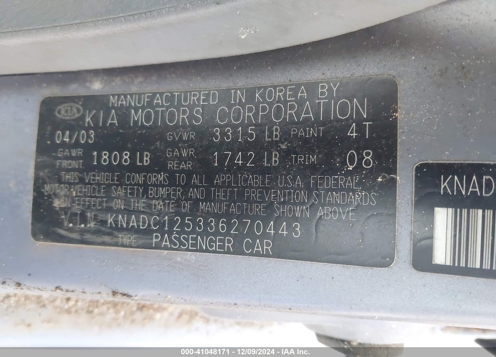 2003 KIA RIO VIN: KNADC125336270443