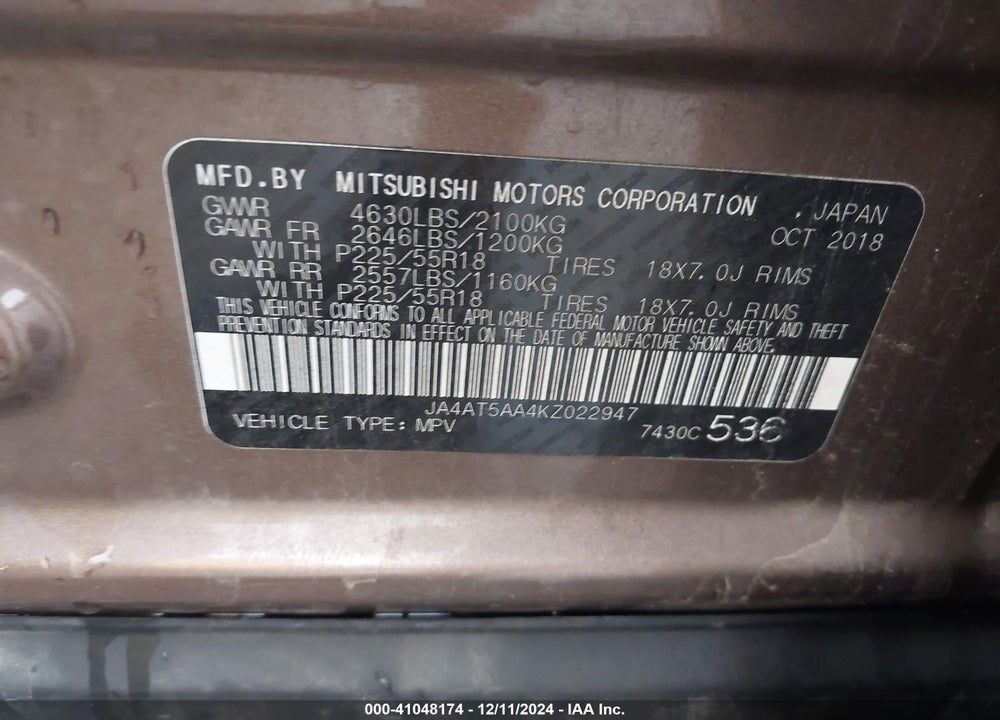 2019 MITSUBISHI ECLIPSE CROSS SE/SEL VIN: JA4AT5AA4KZ022947