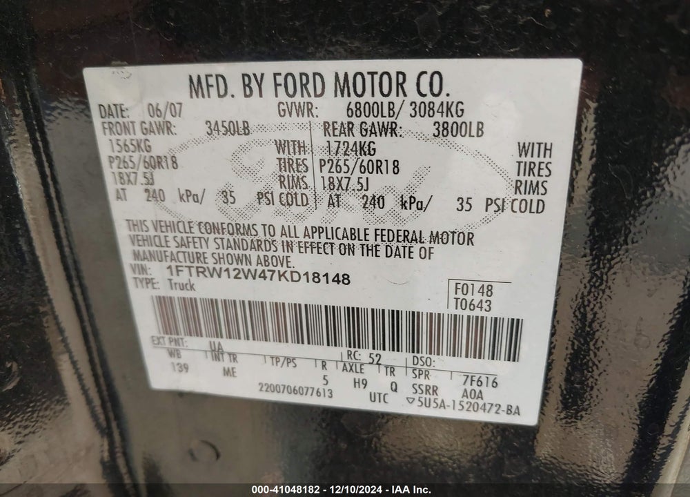 2007 FORD F-150 XLT VIN: 1FTRW12W47KD18148