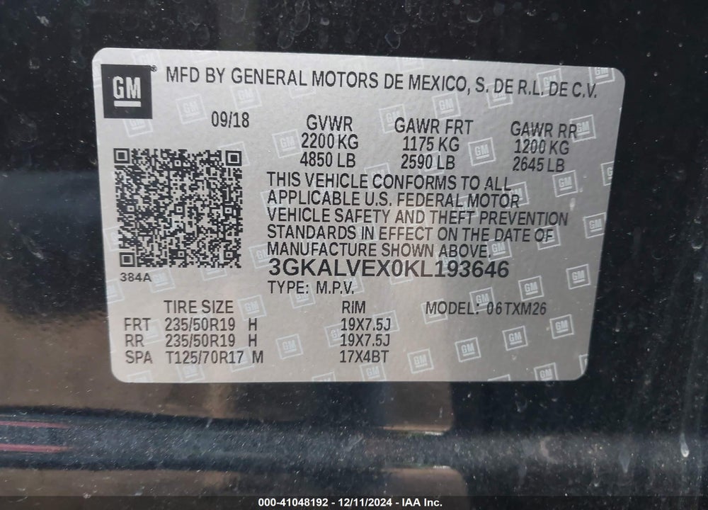 2019 GMC TERRAIN SLT VIN: 3GKALVEX0KL193646