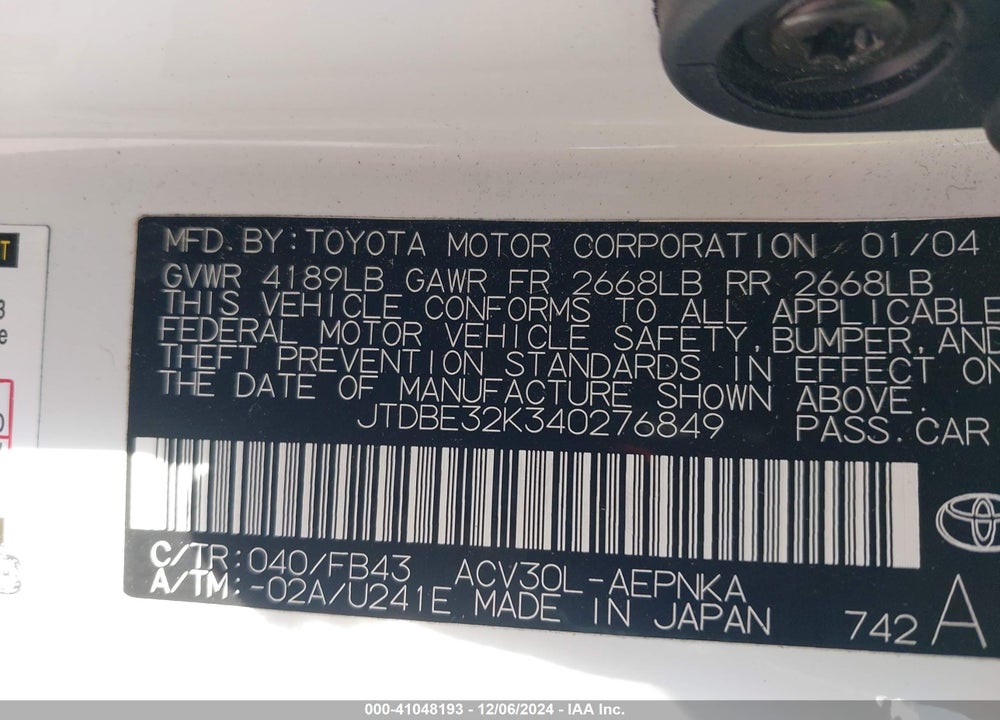 2004 TOYOTA CAMRY LE VIN: JTDBE32K340276849