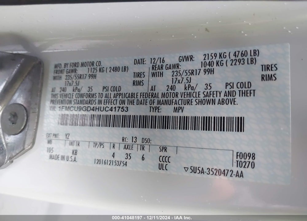 2017 FORD ESCAPE SE VIN: 1FMCU9GD4HUC41753