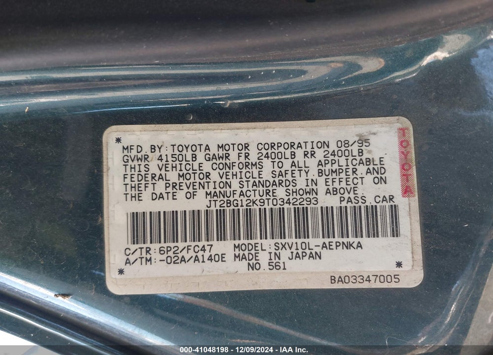 1996 TOYOTA CAMRY DX/LE/XLE VIN: JT2BG12K9T0342293
