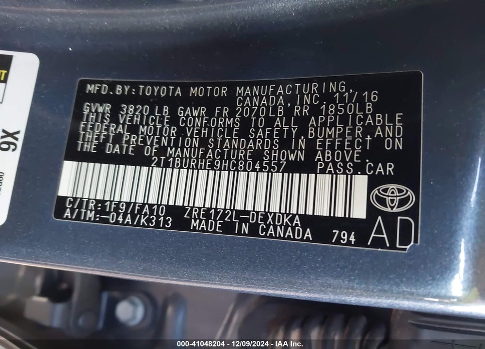 2017 TOYOTA COROLLA VIN: 2T1BURHE9HC804557
