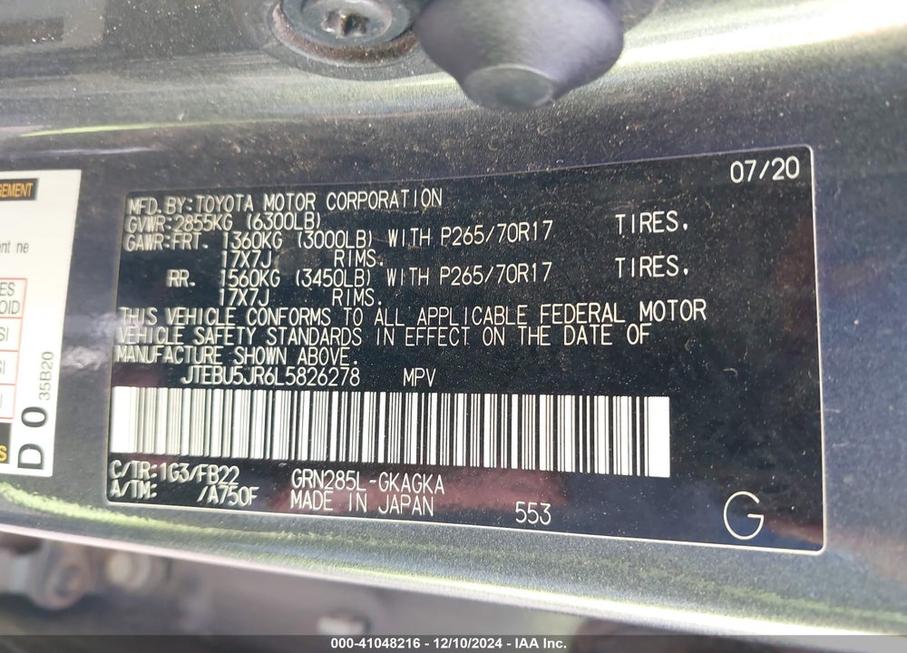 2020 TOYOTA 4RUNNER SR5 VIN: JTEBU5JR6L5826278