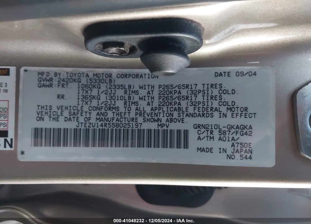 2005 TOYOTA 4RUNNER SR5 V6 VIN: JTEZU14R558025197