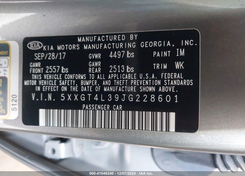 2018 KIA OPTIMA LX VIN: 5XXGT4L39JG228601