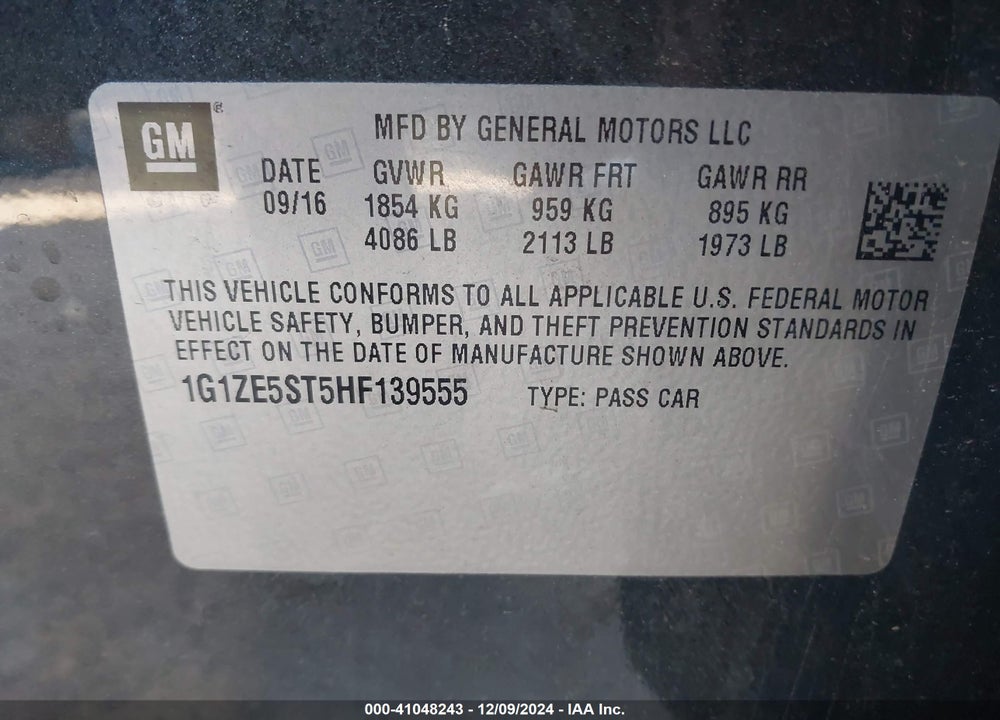 2017 CHEVROLET MALIBU VIN: 1G1ZE5ST5HF139555
