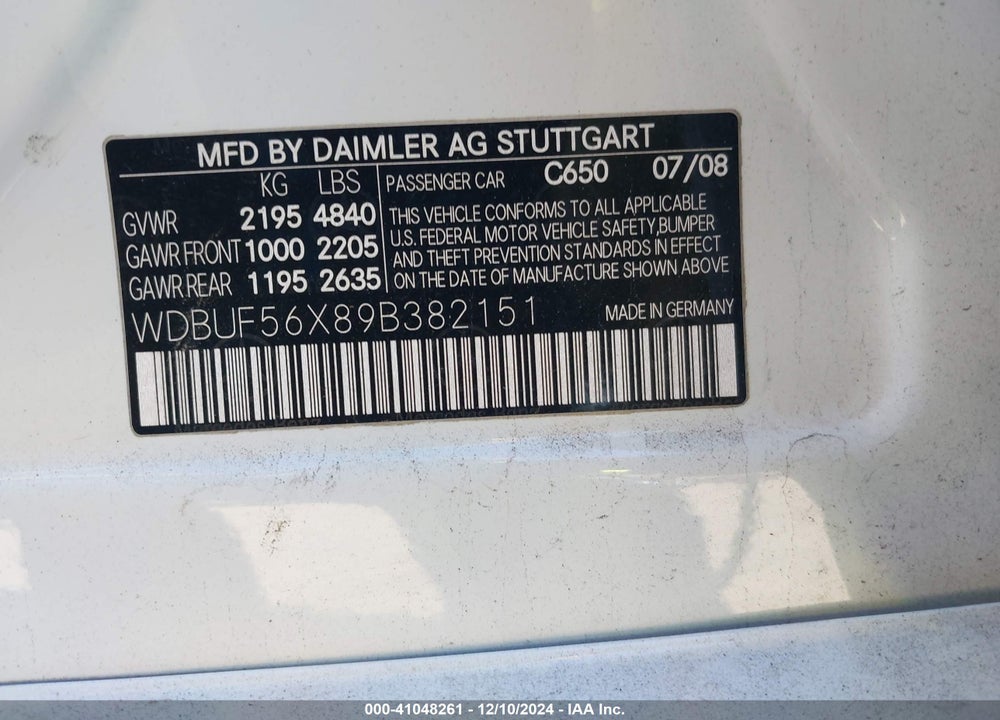 2009 MERCEDES-BENZ E 350 VIN: WDBUF56X89B382151