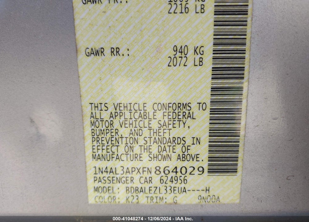 2015 NISSAN ALTIMA 2.5 S VIN: 1N4AL3APXFN864029