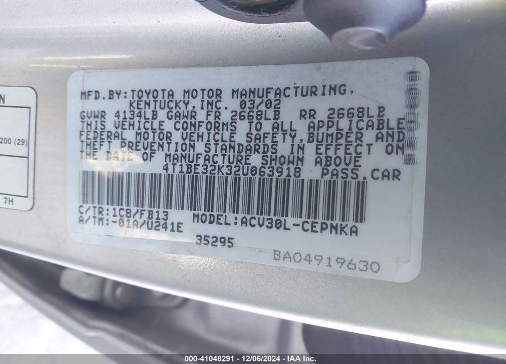 2002 TOYOTA CAMRY LE VIN: 4T1BE32K32U063918