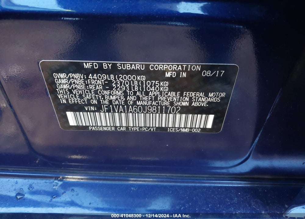 2018 SUBARU WRX VIN: JF1VA1A60J9811702