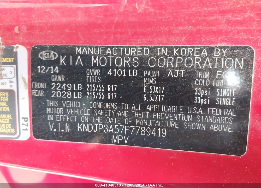 2015 KIA SOUL VIN: KNDJP3A57F7789419