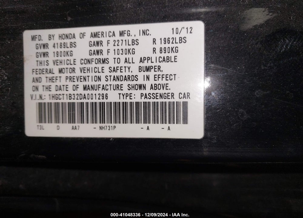 2013 HONDA ACCORD VIN: 1HGCT1B32DA001296