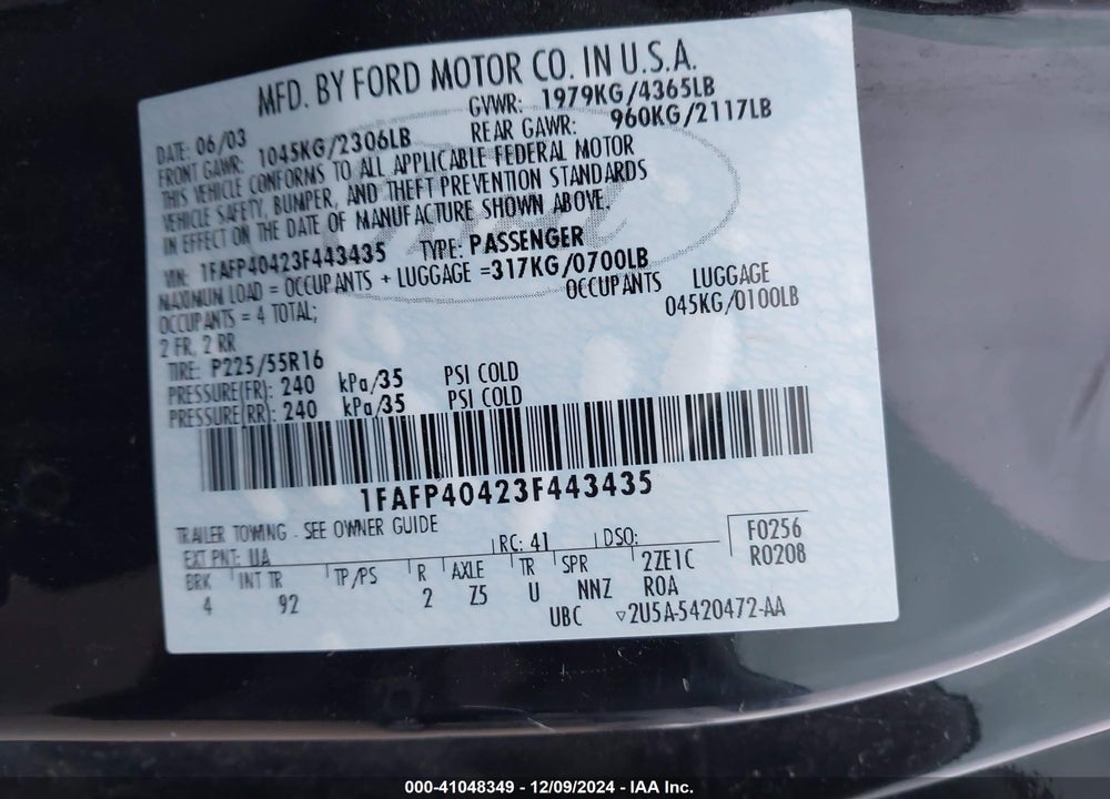 2003 FORD MUSTANG VIN: 1FAFP40423F443435