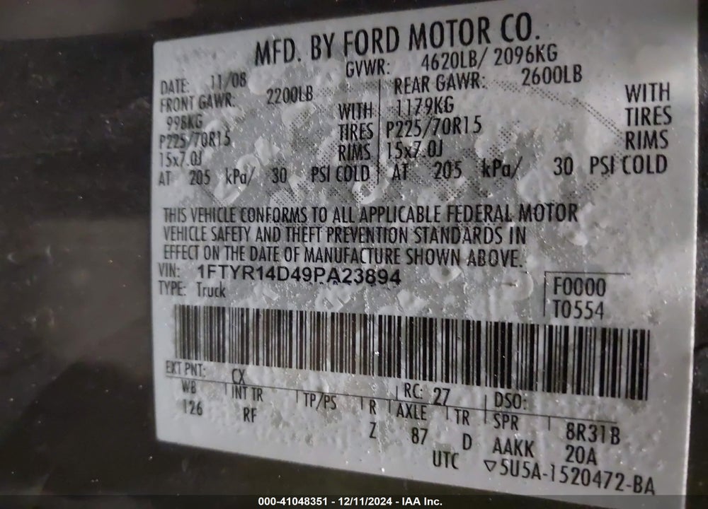 2009 FORD RANGER VIN: 1FTYR14D49PA23894