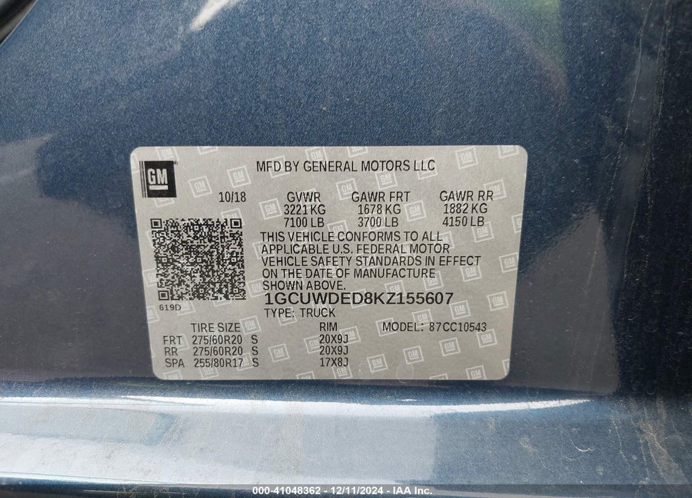 2019 CHEVROLET SILVERADO 1500 RST VIN: 1GCUWDED8KZ155607