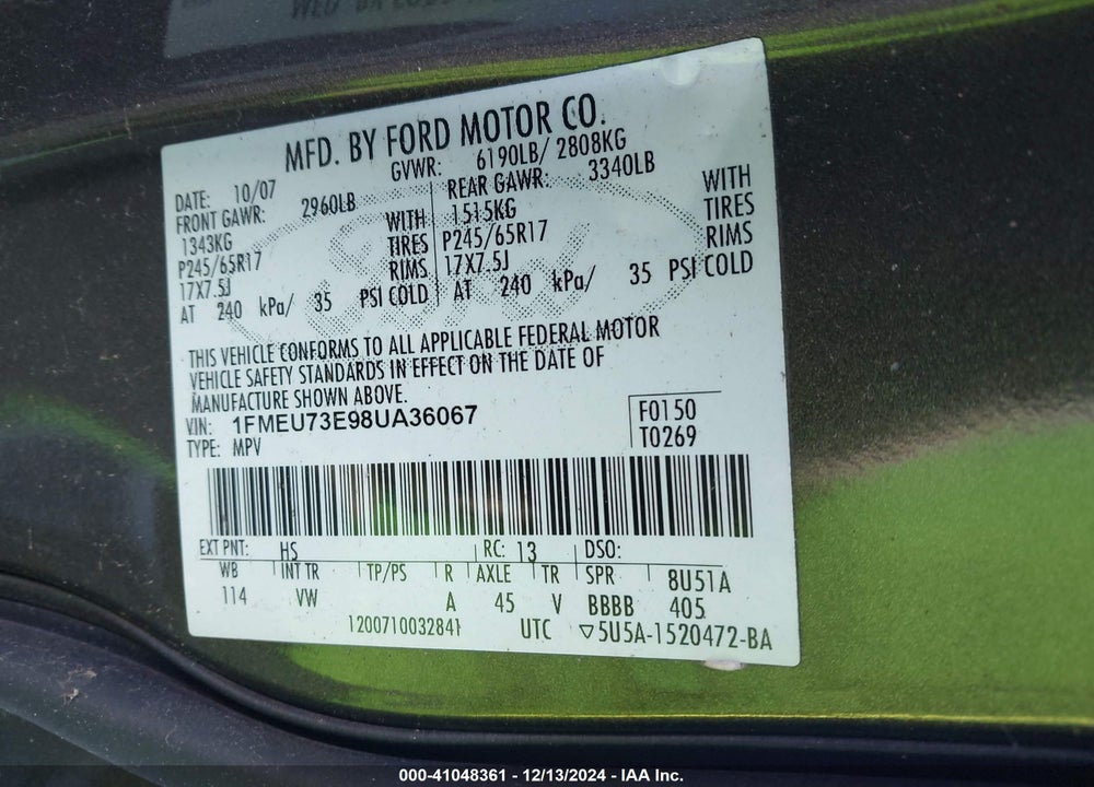 2008 FORD EXPLORER XLT VIN: 1FMEU73E98UA36067