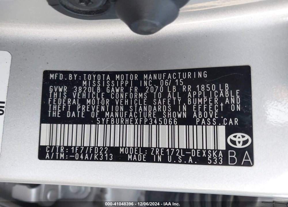 2015 TOYOTA COROLLA S PLUS VIN: 5YFBURHEXFP345066