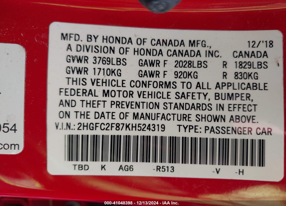 2019 HONDA CIVIC SPORT VIN: 2HGFC2F87KH524319