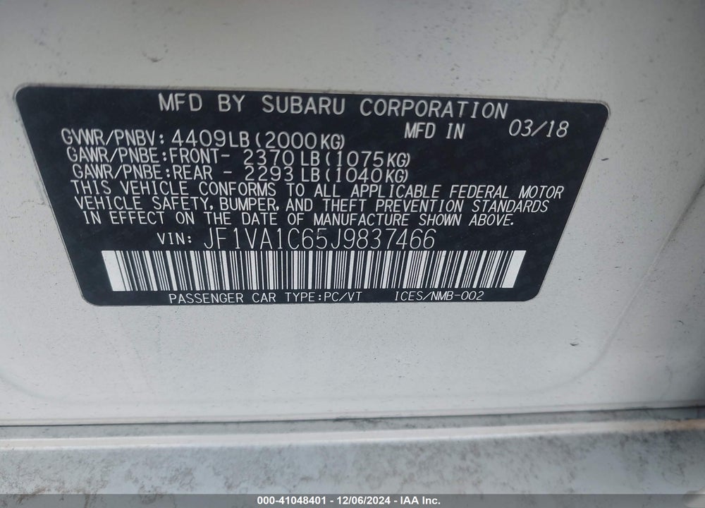 2018 SUBARU WRX VIN: JF1VA1C65J9837466