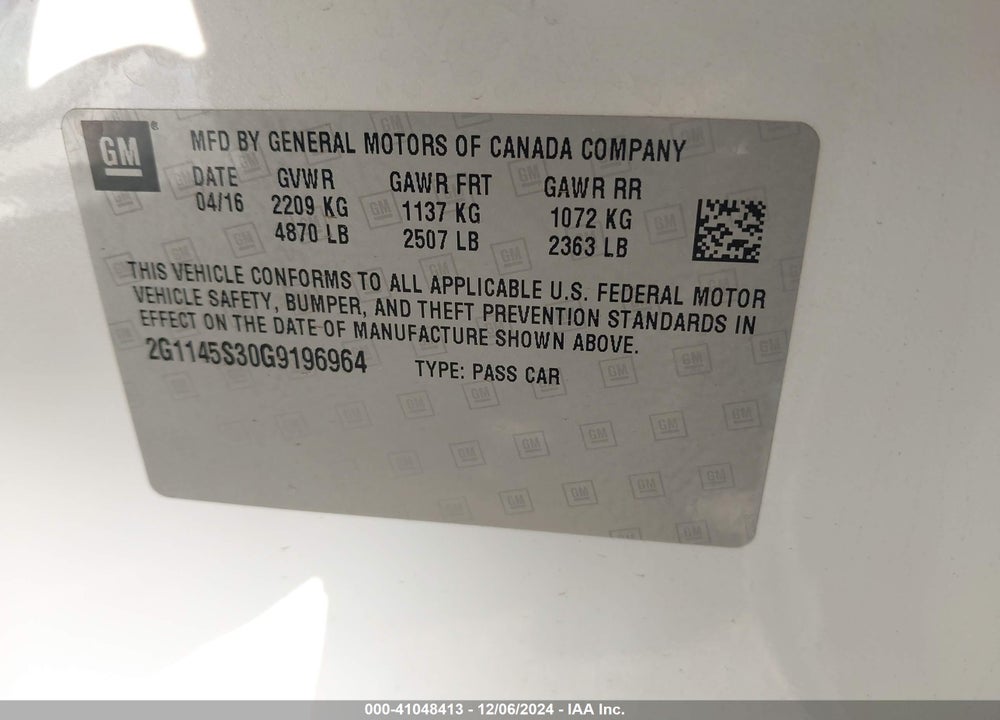 2016 CHEVROLET IMPALA VIN: 2G1145S30G9196964