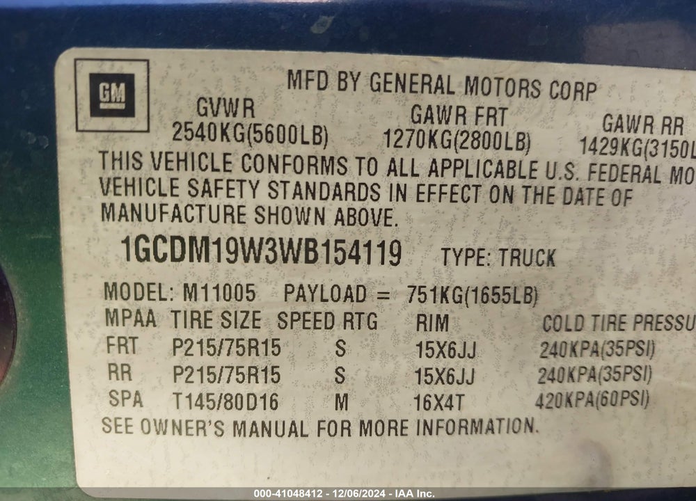 1998 CHEVROLET ASTRO VIN: 1GCDM19W3WB154119